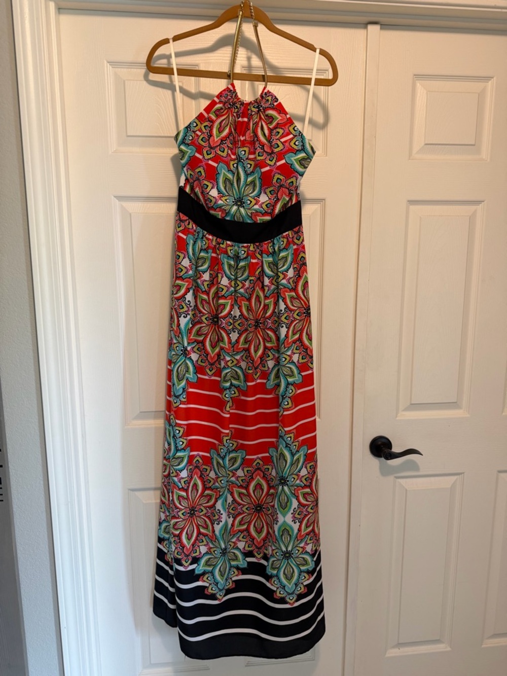 Eliza J Red Multicolor Golden necklace Halter Maxi Dress with built in bra